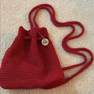 The Sak Red Crochet Drawstring Backpack Bag -NWOT